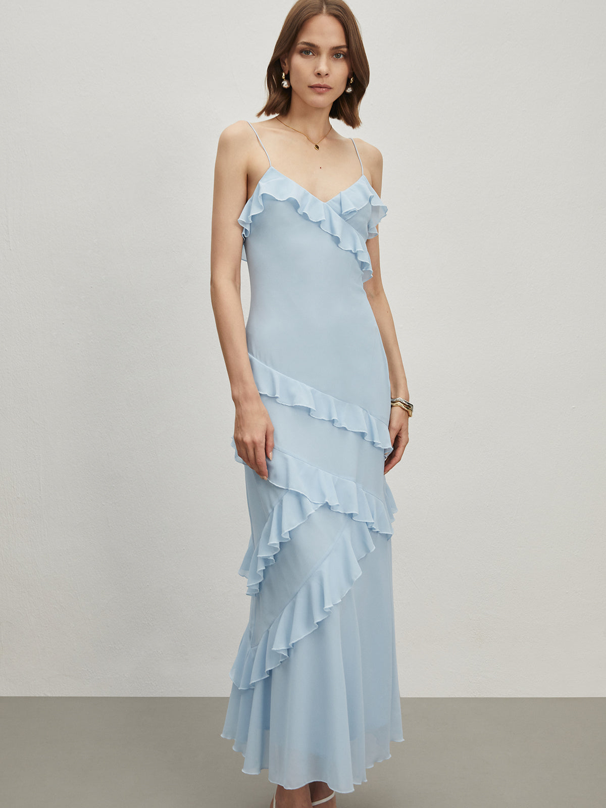 Robe longue à bretelles spaghetti froncées