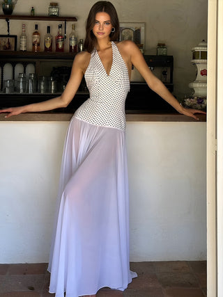 Robe longue semi-transparente à encolure en V et panneaux croisés