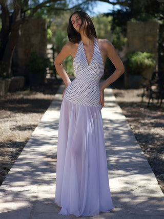 Halter V-Neck Paneled Semi-Sheer Long Dress