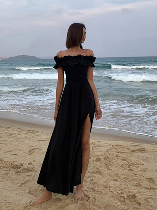 Ruffle Off Shoulder High-Slit Long Dress