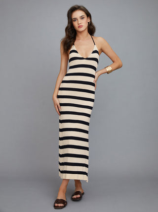 Stripe Halter V Neck Split Midi Dress