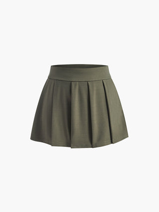 Button Pleated Solid Skirt Set