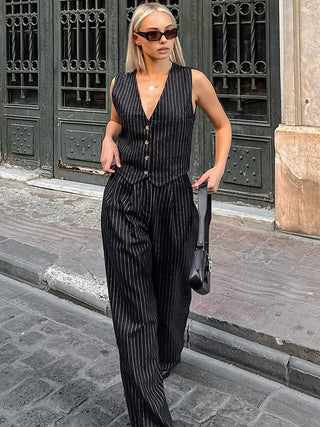 Pinstripe Sleeveless V-Neck Pants Set