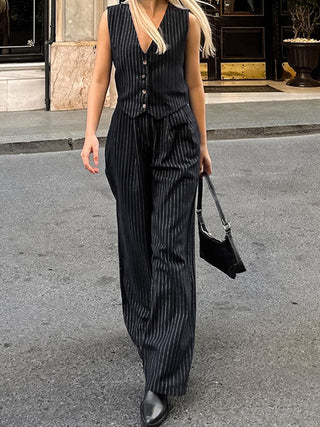 Pinstripe Sleeveless V-Neck Pants Set