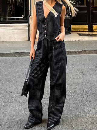 Pinstripe Sleeveless V-Neck Pants Set