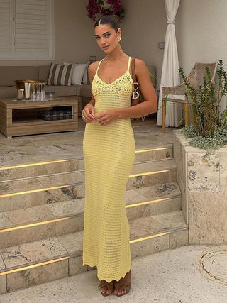 Robe longue en tricot à bretelles spaghetti en V