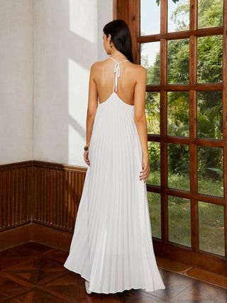 Pleated Backless Tie Back Long Dress