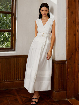 Cotton & Linen Belted Pleated Long Dress