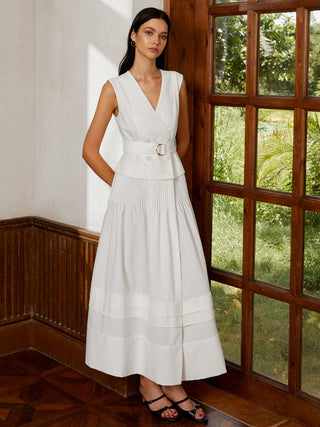 Cotton & Linen Belted Pleated Long Dress