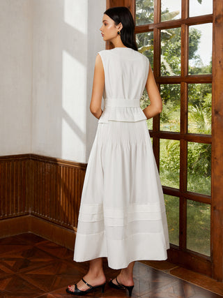 Cotton & Linen Belted Pleated Long Dress