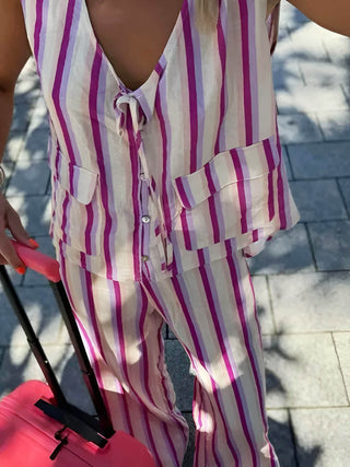 Casual Striped Tie-Up Pants Set