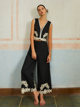 Casual Embroidery Sleeveless Pants Set