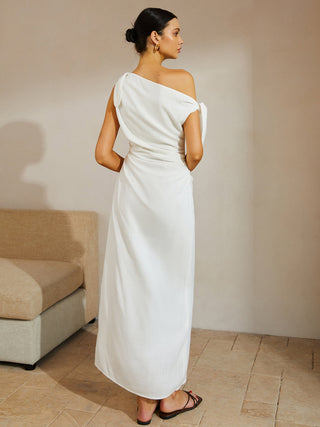 Robe longue à bretelles nouées en coton et lin