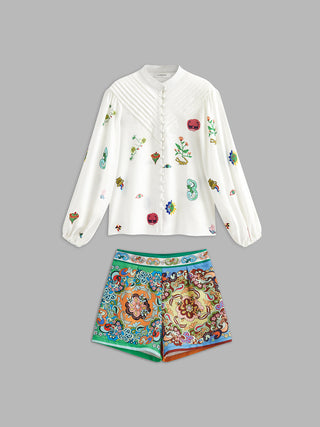 Printed Pleated Ball Button Shorts Set