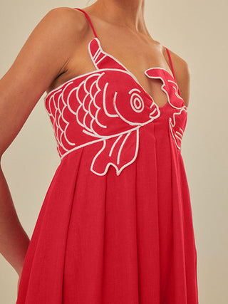 Embroidered Fish Spaghetti Strap Midi Dress