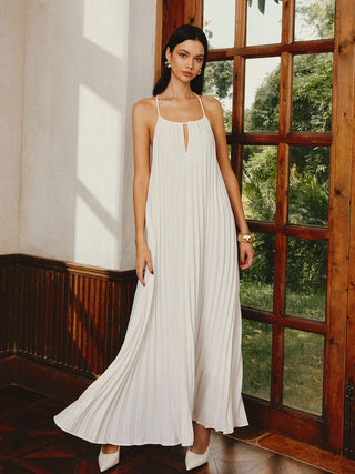 Pleated Backless Tie Back Long Dress