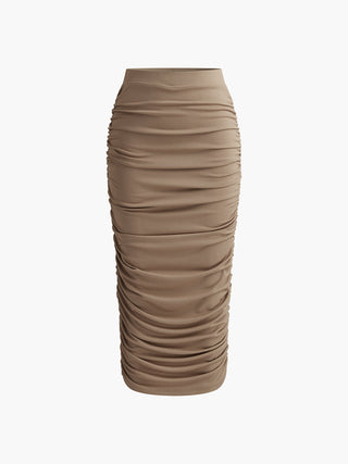 Stretch Pleated Ribbed Midi Skirt