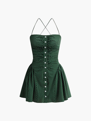 Pleated Polka Dot Sleeveless Dress