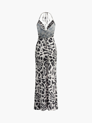 Leopard Print Cowl Neck Halter Long Dress