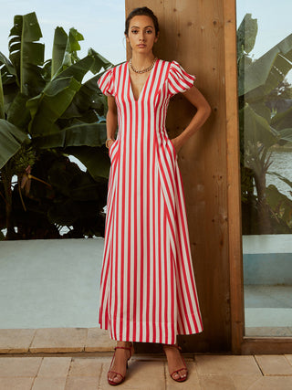 Striped V-Neck Puff Sleeves Pockets Long Dress