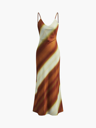 Printed Backless V-Neck Satin Long Dress