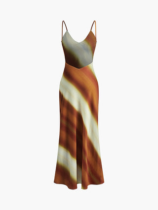 Printed Backless V-Neck Satin Long Dress