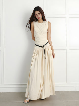 Sleeveless Crew Neck Pleated Long Dress Without Belt