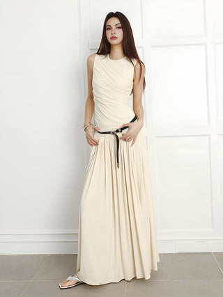 Sleeveless Crew Neck Pleated Long Dress Without Belt