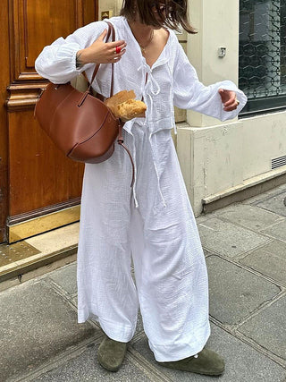 semble pantalon en coton à nouer à l'avant