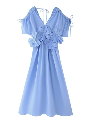 Flower Drawstring V-Neck Long Dress